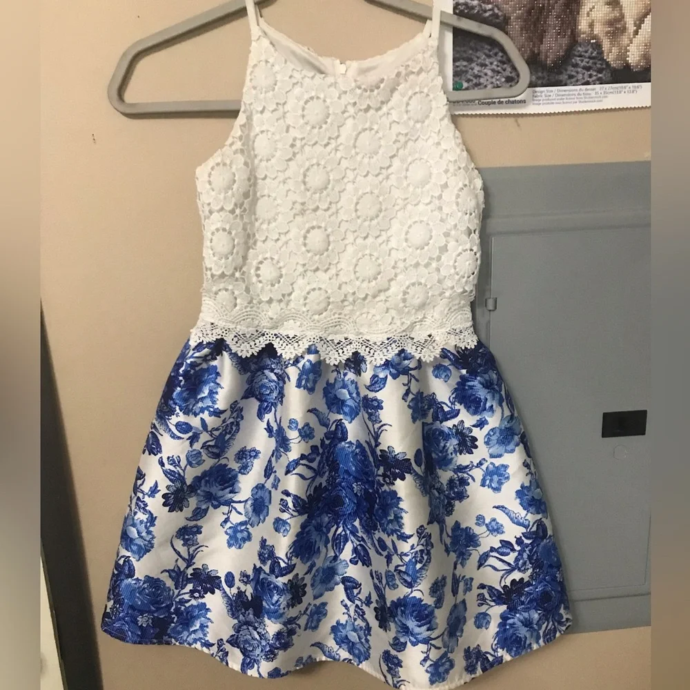 White and Blue Floral Kids Dress - Picture 1 of 7